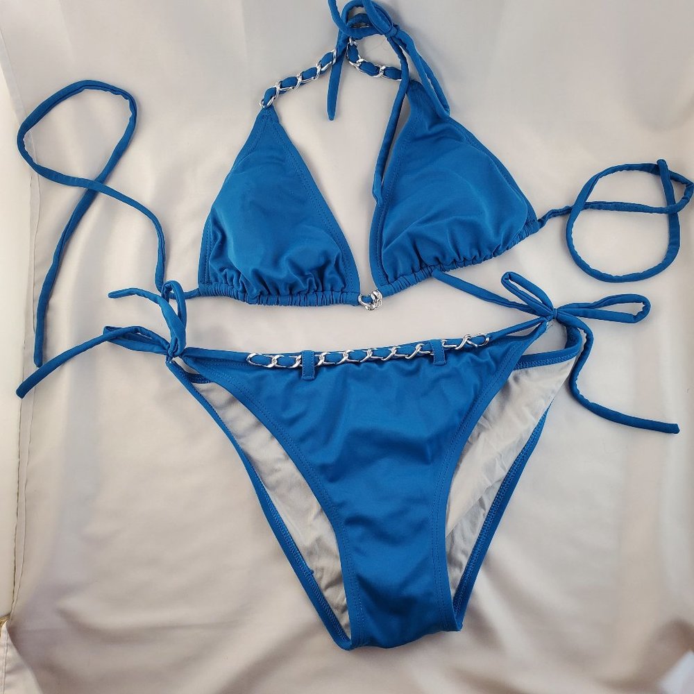 Women's Blue Bikini with Silver Chain Accents - Sm